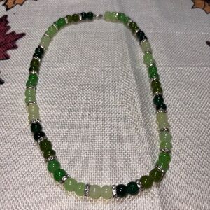 NWOT Green Trendy Beaded Necklace With Glass Beads & Silver Rhinestones Spacers